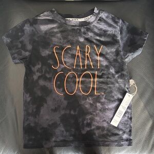 Rae Dunn Halloween Black Tie-Dye Tee with Orange "Scary Cool" Graphic